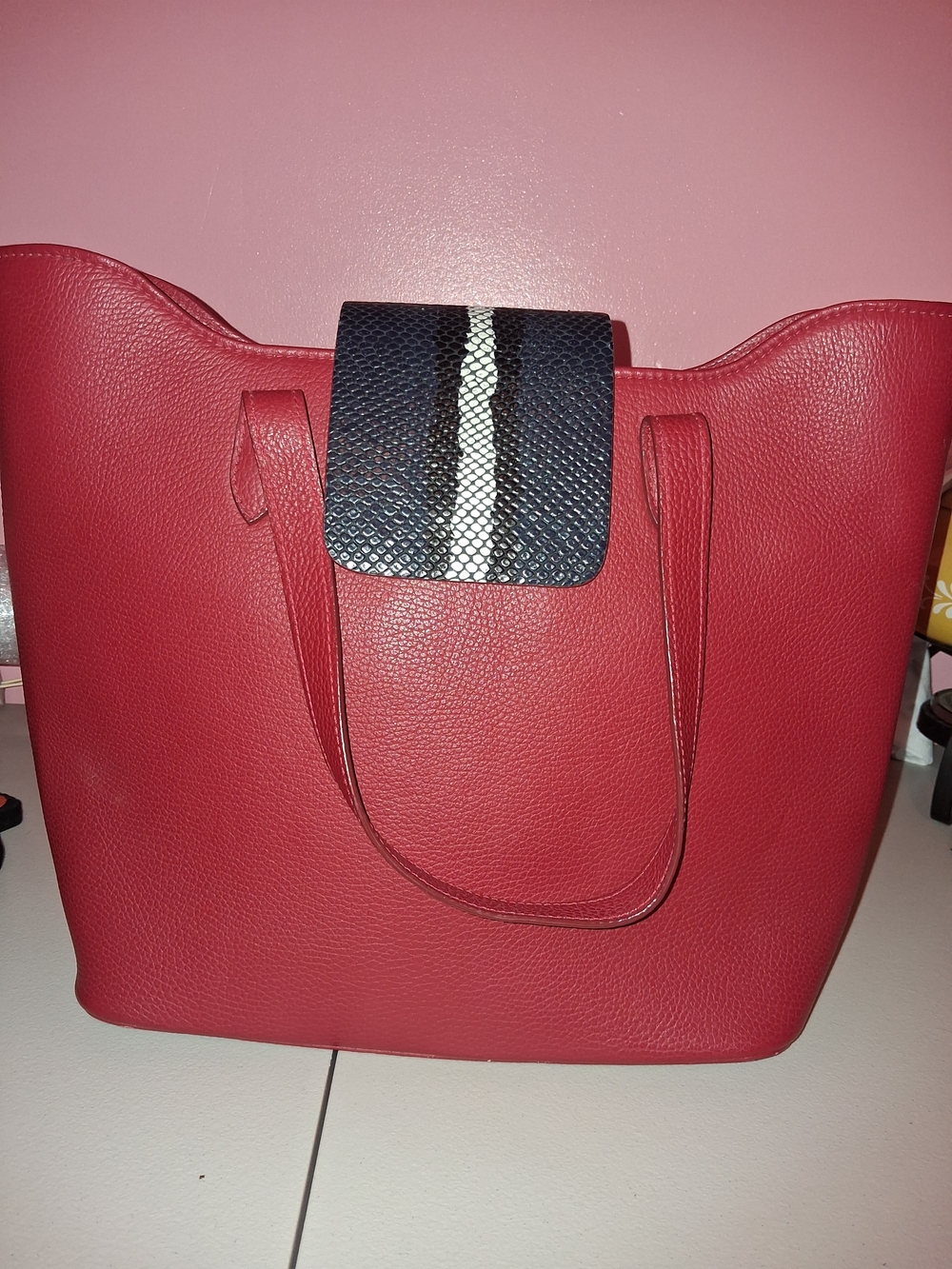 Danilo’s Luxury Handcrafted Red Pebbled Leather Tote - Exotic Snakeskin Accents